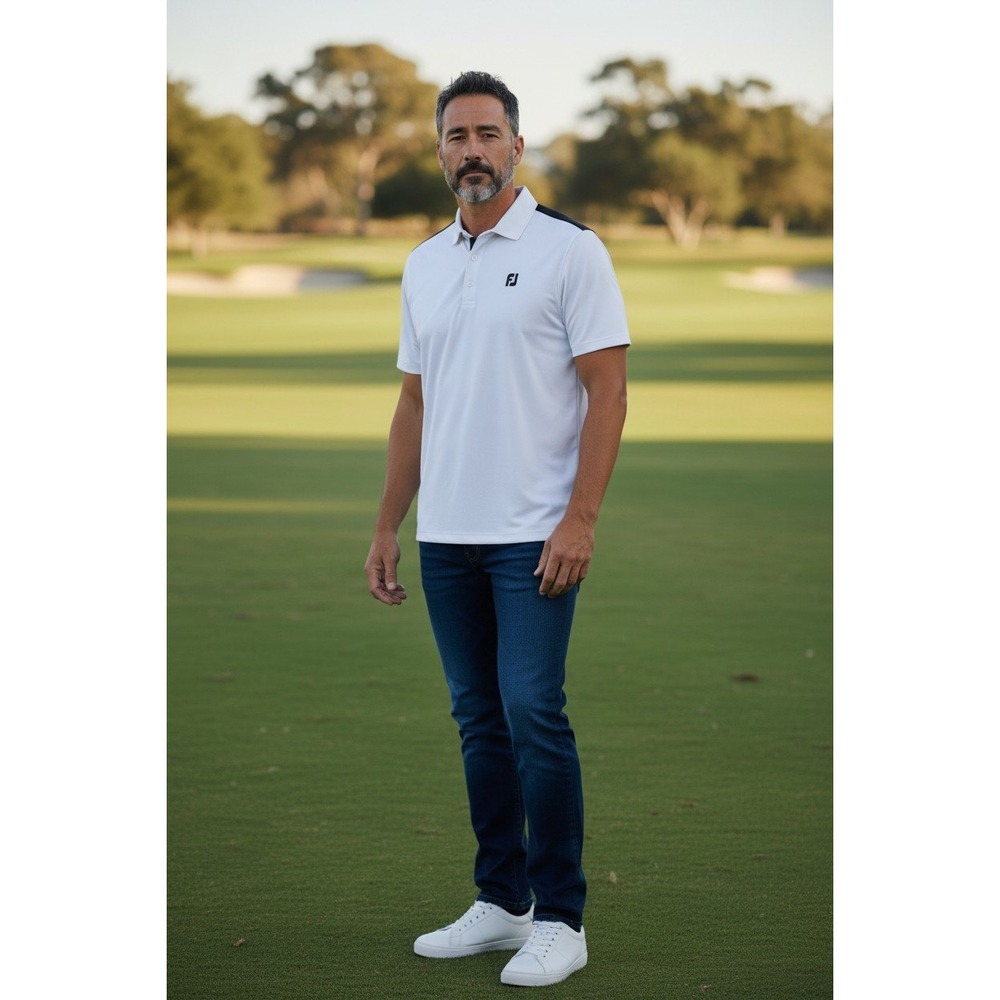 FootJoy Mens White Pink Navy Colorblock Performance Golf Polo Shirt Size Medium - Picture 3 of 6